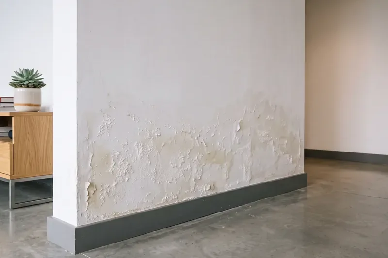 Manchas y sales (salitre) por capilaridad en la parte baja de un muro